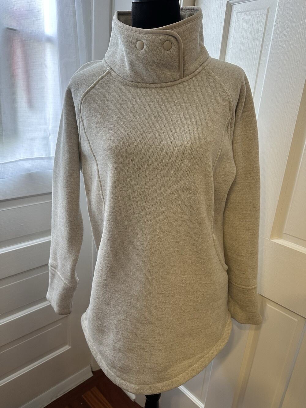 Prana Funnel Neck Pullover Sweater Beige Heather Women’s Large Snap Collar Cozy